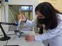 Dr. Parvaneh Rahimi zeigt die Elektrode mit dem neuartigen Sensormaterial.